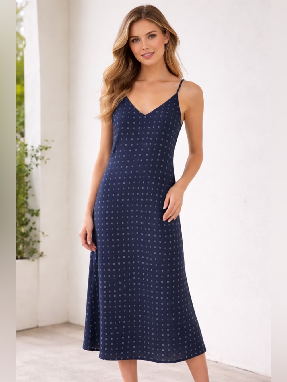 Vince Camuto Navy Geometric Print Satin Slip Maxi Dress Medium